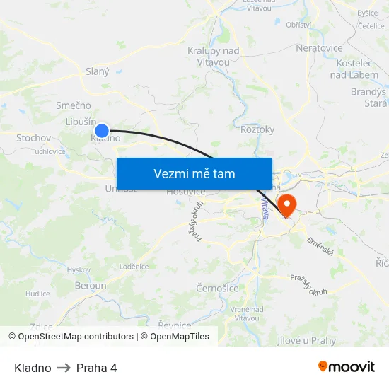 Kladno to Praha 4 map