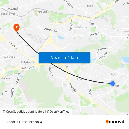 Praha 11 to Praha 4 map