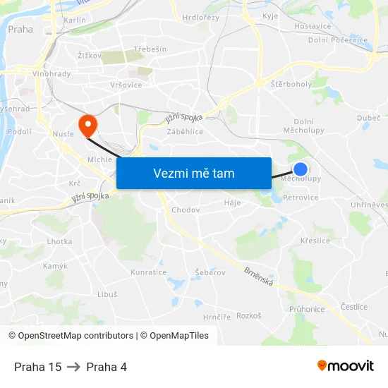 Praha 15 to Praha 4 map