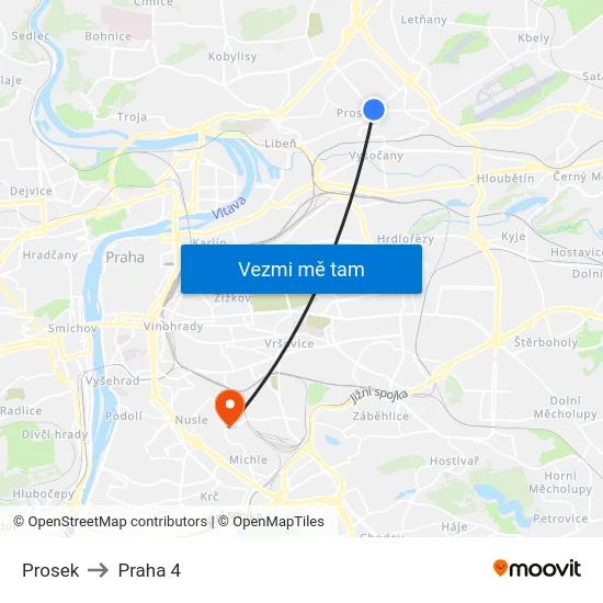 Prosek to Praha 4 map