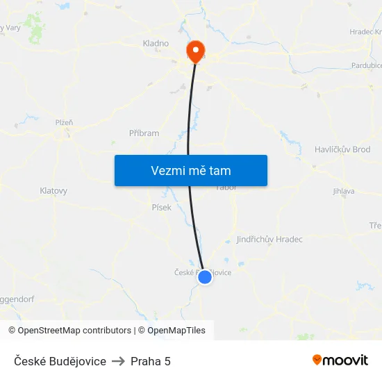 České Budějovice to Praha 5 map