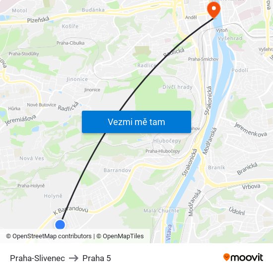 Praha-Slivenec to Praha 5 map