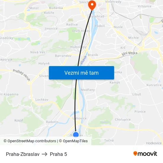 Praha-Zbraslav to Praha 5 map