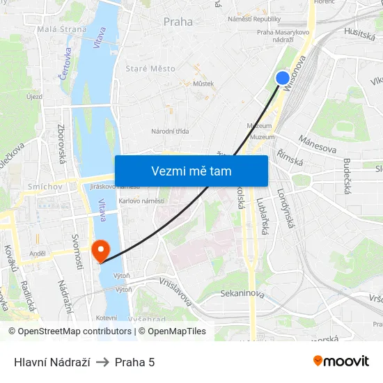 Hlavní Nádraží to Praha 5 map