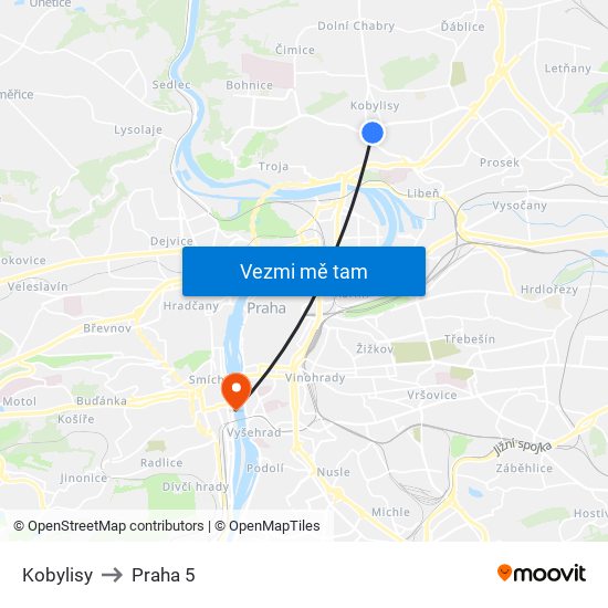 Kobylisy to Praha 5 map