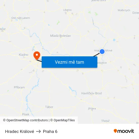 Hradec Králové to Praha 6 map