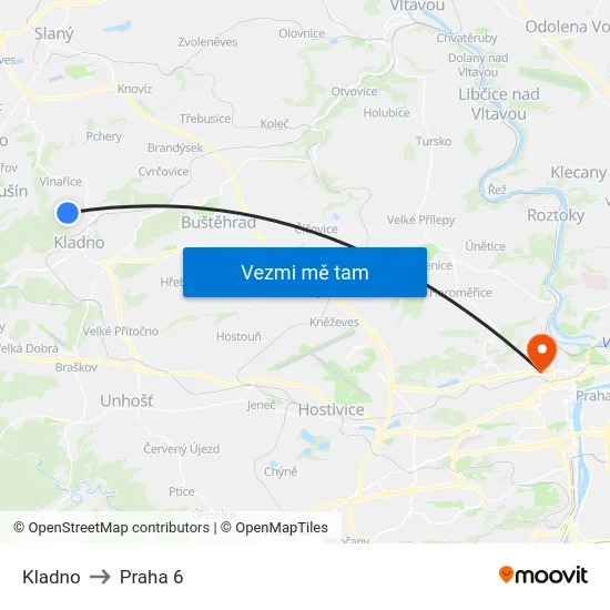 Kladno to Praha 6 map