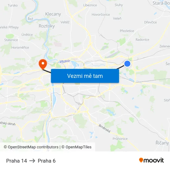 Praha 14 to Praha 6 map
