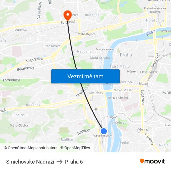 Smíchovské Nádraží to Praha 6 map