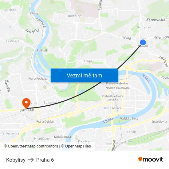 Kobylisy to Praha 6 map