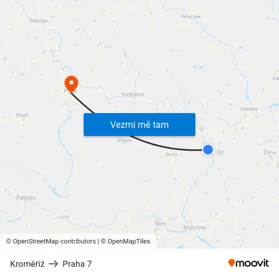 Kroměříž to Praha 7 map