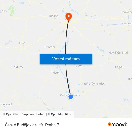 České Budějovice to Praha 7 map