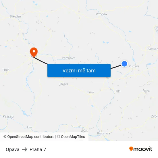 Opava to Praha 7 map
