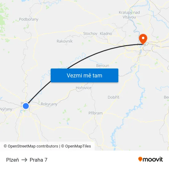 Plzeň to Praha 7 map