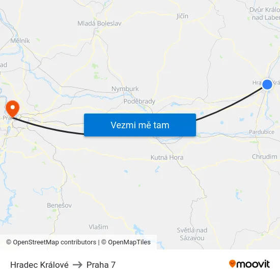 Hradec Králové to Praha 7 map