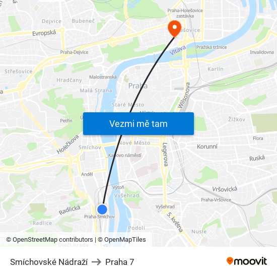 Smíchovské Nádraží to Praha 7 map