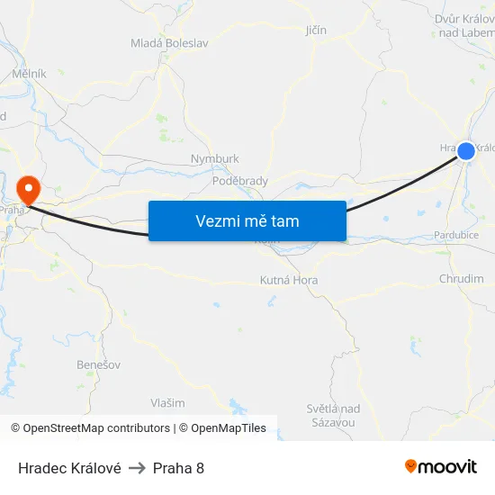 Hradec Králové to Praha 8 map