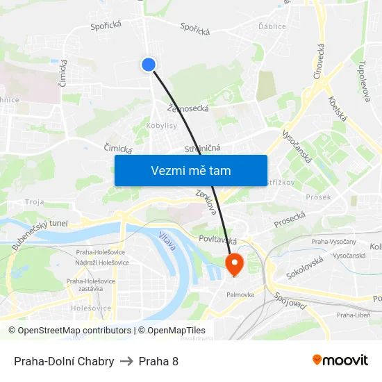 Praha-Dolní Chabry to Praha 8 map