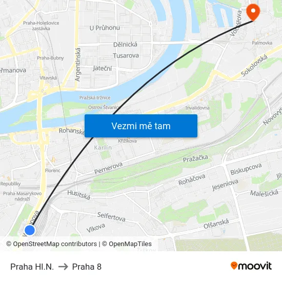 Praha Hl.N. to Praha 8 map
