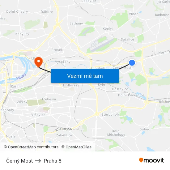 Černý Most to Praha 8 map
