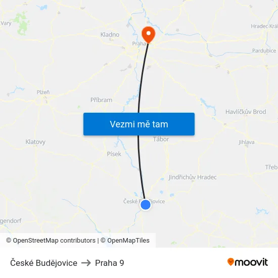 České Budějovice to Praha 9 map