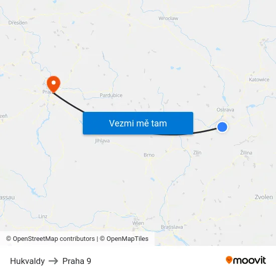 Hukvaldy to Praha 9 map