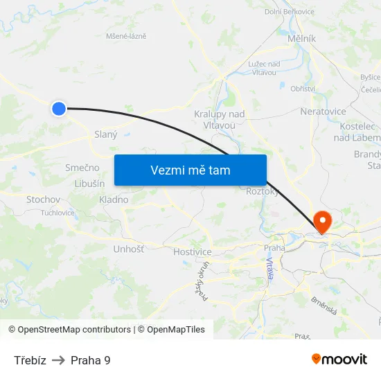 Třebíz to Praha 9 map