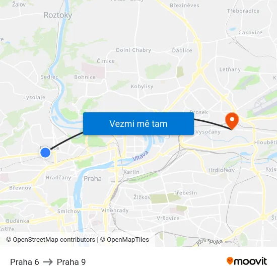 Praha 6 to Praha 9 map