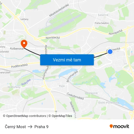 Černý Most to Praha 9 map