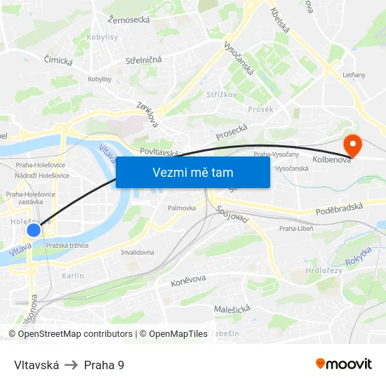 Vltavská to Praha 9 map