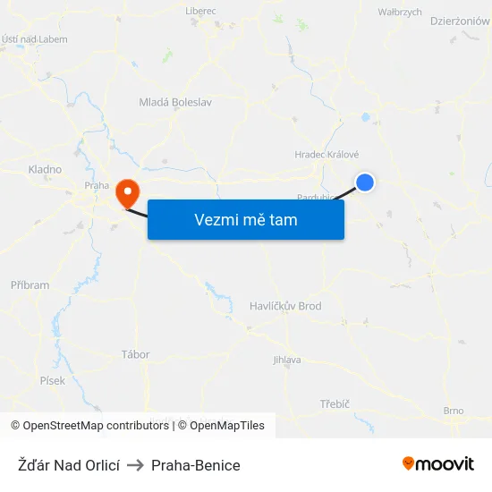 Žďár Nad Orlicí to Praha-Benice map