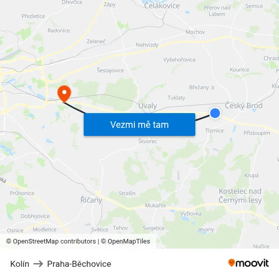 Kolín to Praha-Běchovice map