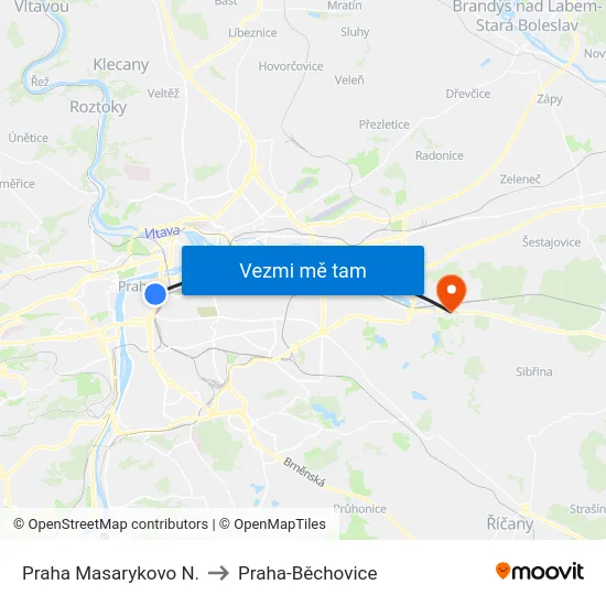Praha Masarykovo N. to Praha-Běchovice map
