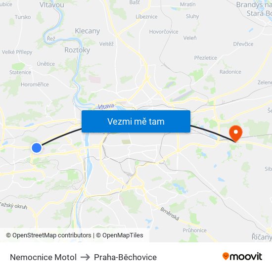 Nemocnice Motol to Praha-Běchovice map