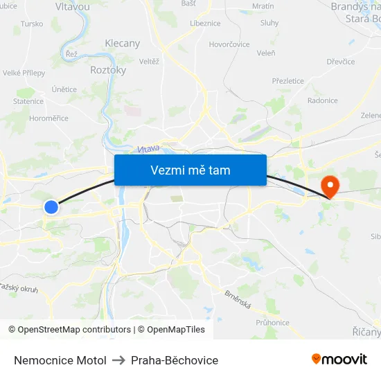 Nemocnice Motol to Praha-Běchovice map