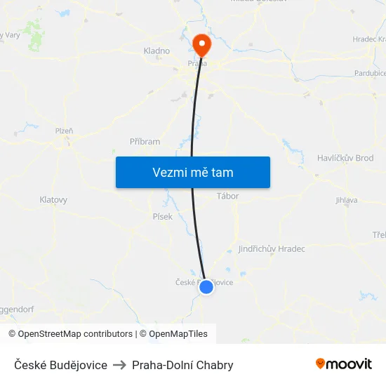 České Budějovice to Praha-Dolní Chabry map