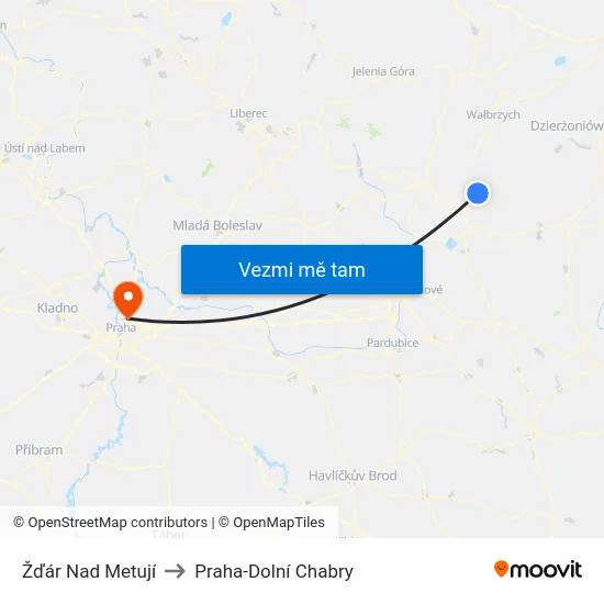Žďár Nad Metují to Praha-Dolní Chabry map