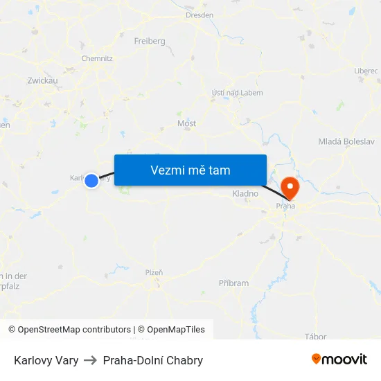 Karlovy Vary to Praha-Dolní Chabry map