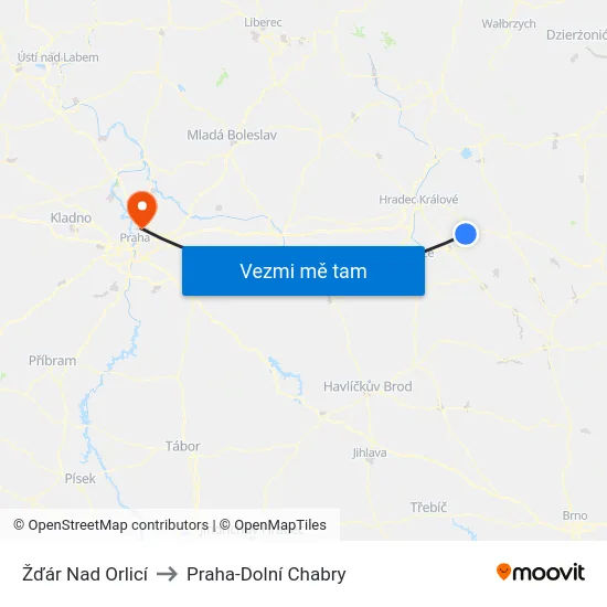 Žďár Nad Orlicí to Praha-Dolní Chabry map