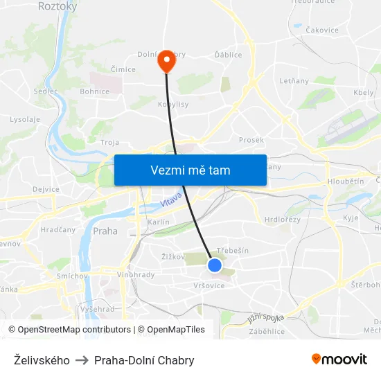 Želivského to Praha-Dolní Chabry map