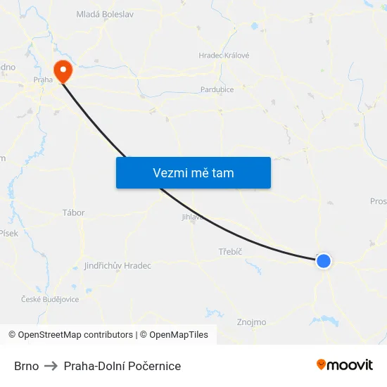 Brno to Praha-Dolní Počernice map