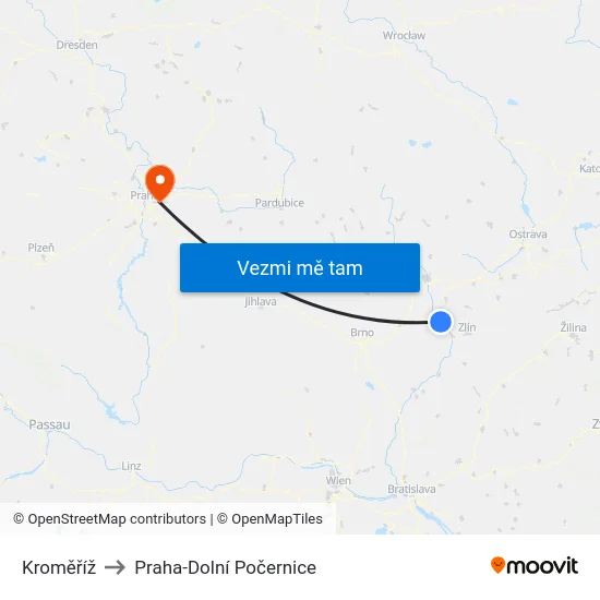 Kroměříž to Praha-Dolní Počernice map