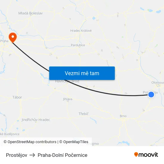 Prostějov to Praha-Dolní Počernice map