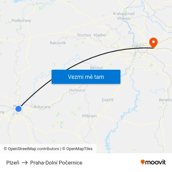 Plzeň to Praha-Dolní Počernice map