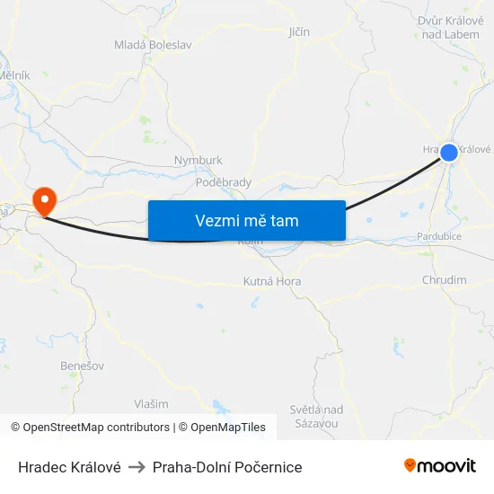 Hradec Králové to Praha-Dolní Počernice map