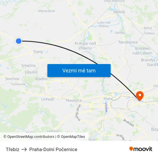 Třebíz to Praha-Dolní Počernice map