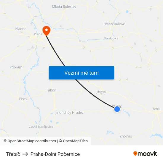 Třebíč to Praha-Dolní Počernice map