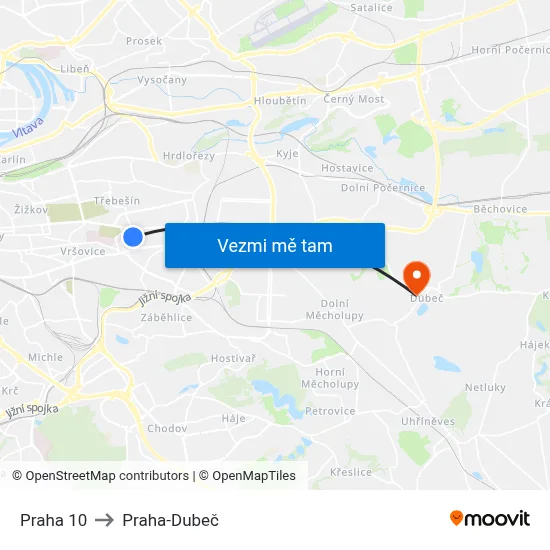 Praha 10 to Praha-Dubeč map