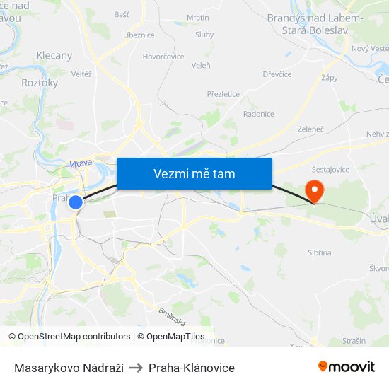 Masarykovo Nádraží to Praha-Klánovice map