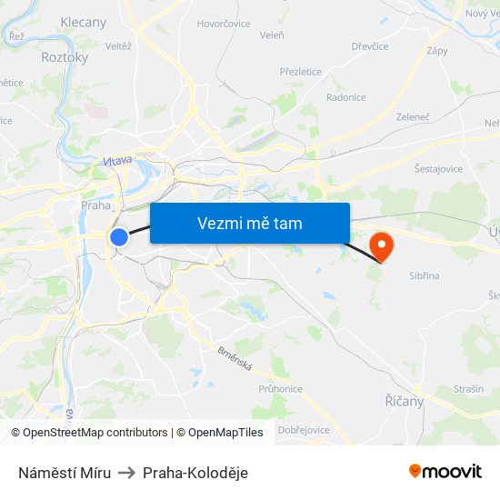 Náměstí Míru to Praha-Koloděje map